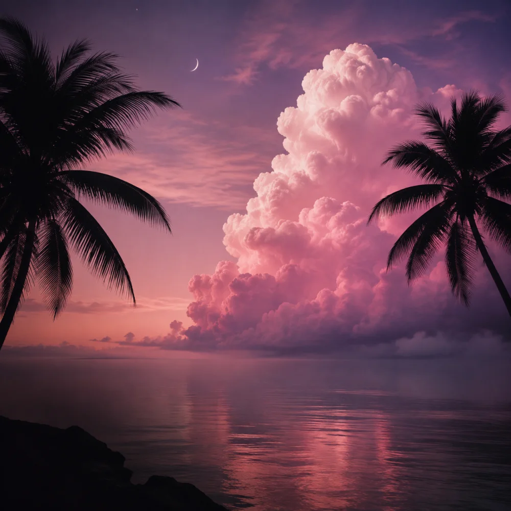 Pink clouds and a crescent moon above a tropical sea at dusk