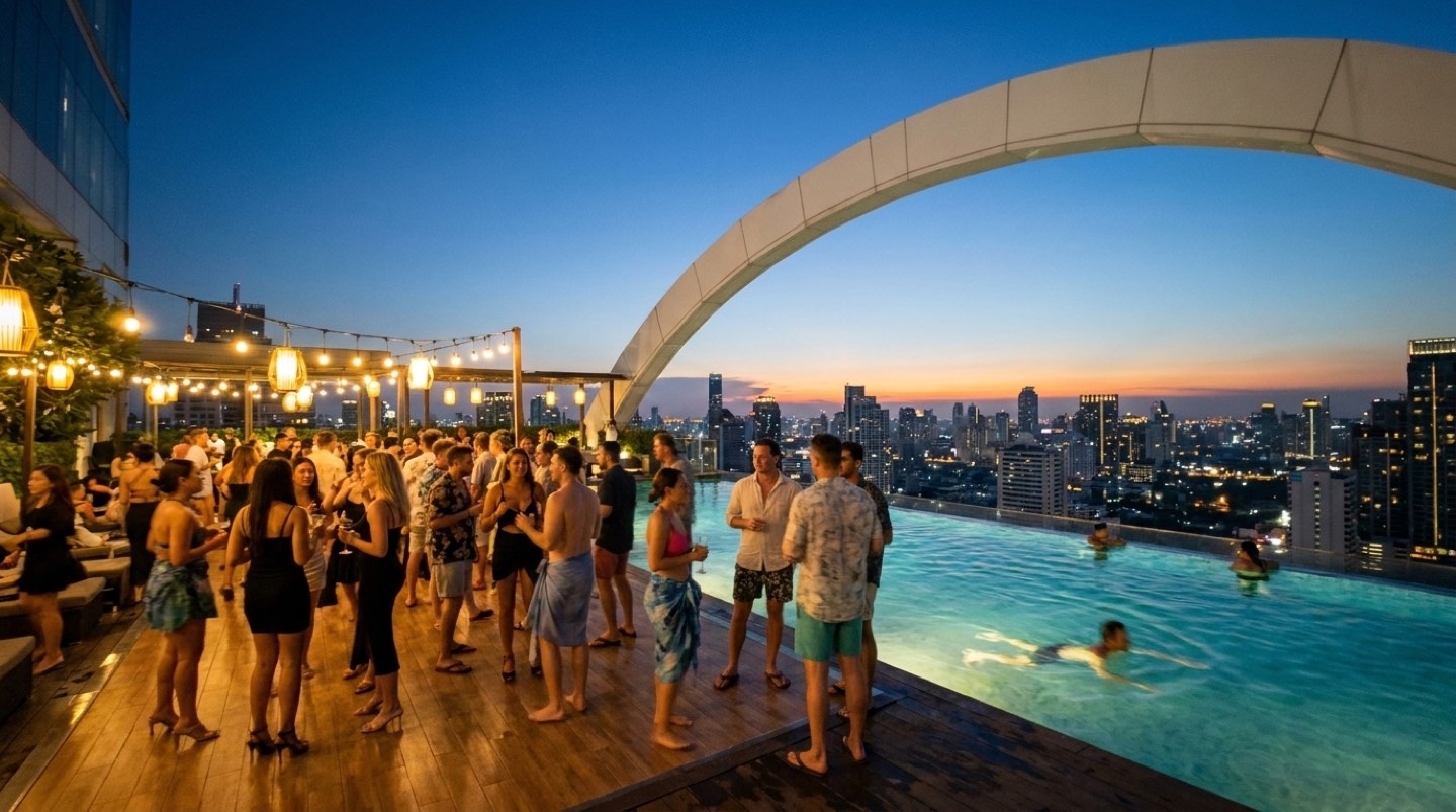 Dusk on the rooftop pool deck at Centara Grand at CentralWorld - some guests dressed up on the deck, others in swimwear and sarongs by the water, as the city lights come on