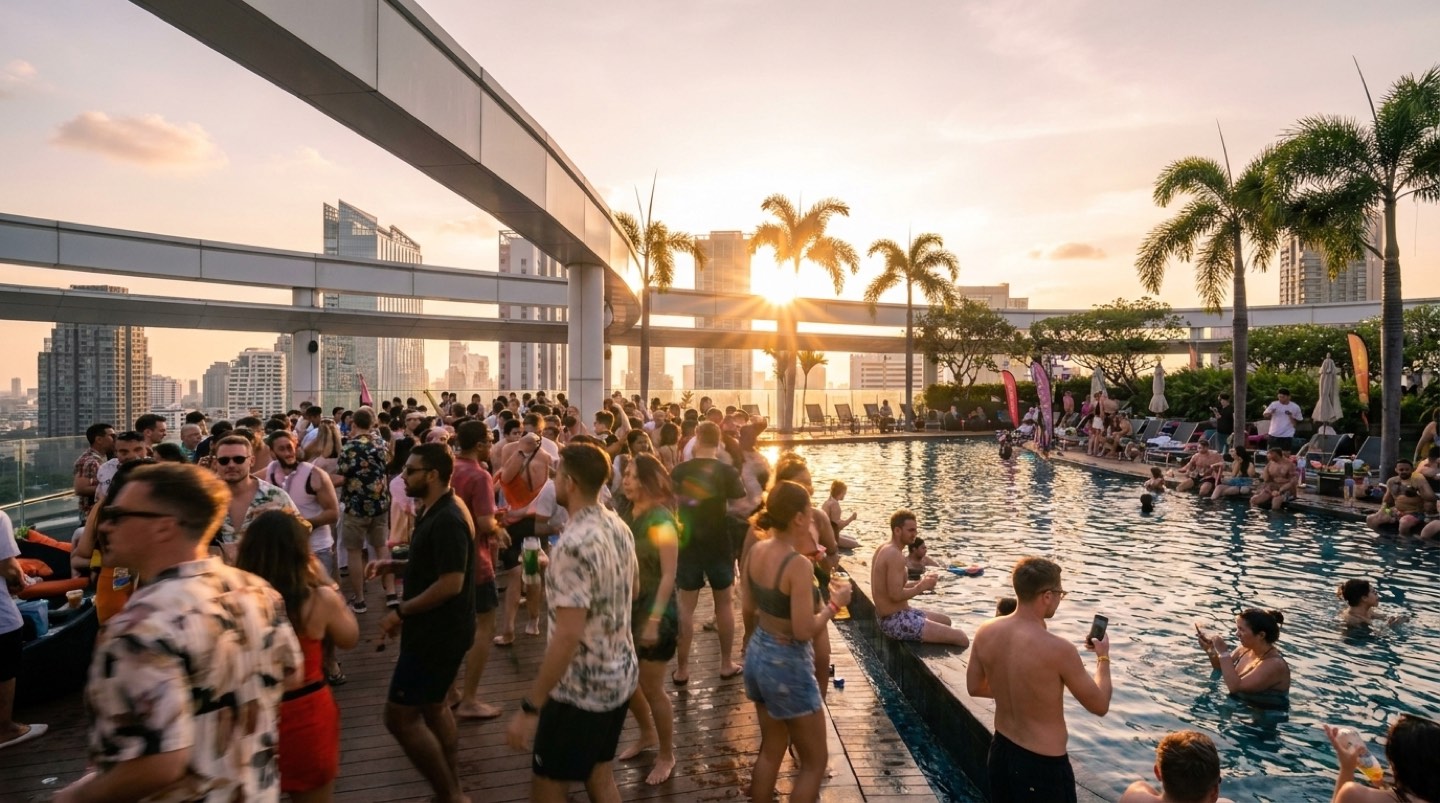 Golden hour on the rooftop pool deck at Centara Grand at CentralWorld - a crowd dancing beside the pool as the sun drops between the Bangkok towers