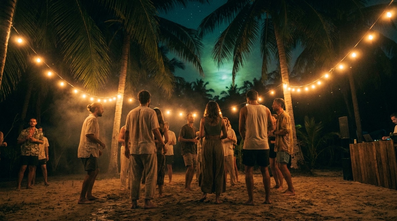 A jungle clearing party on a Thai island at night — festoon bulbs in the palms, barefoot dancing on sand