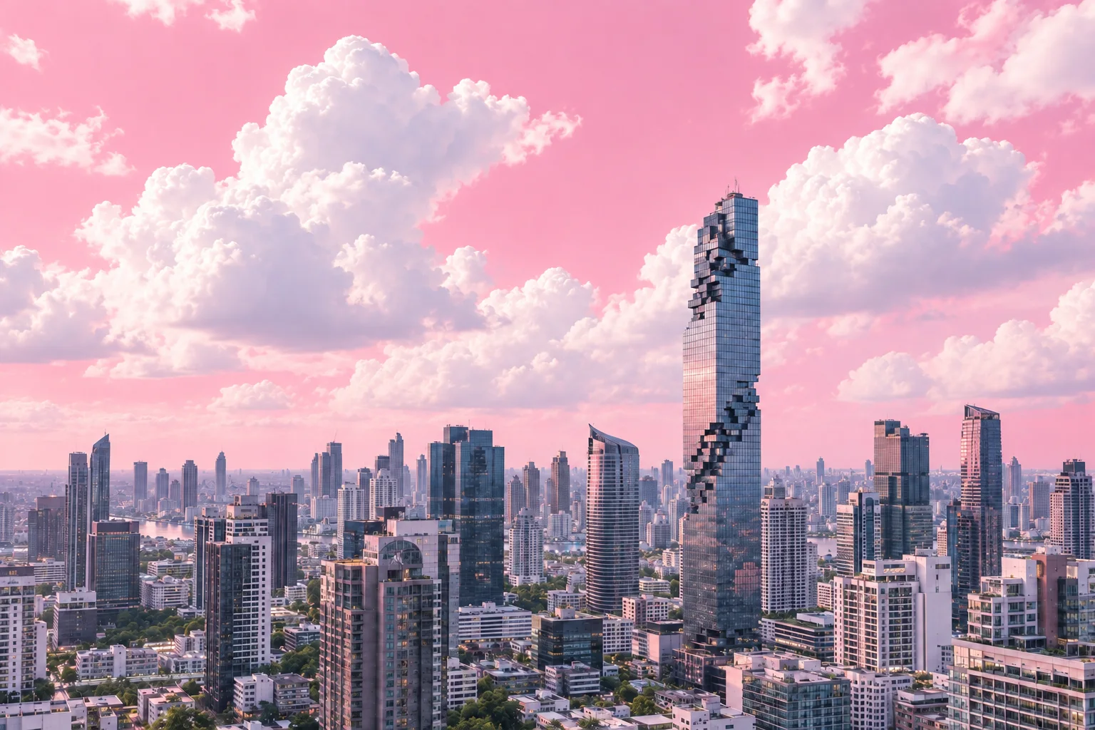 Bangkok’s skyline under a pink sky with white clouds