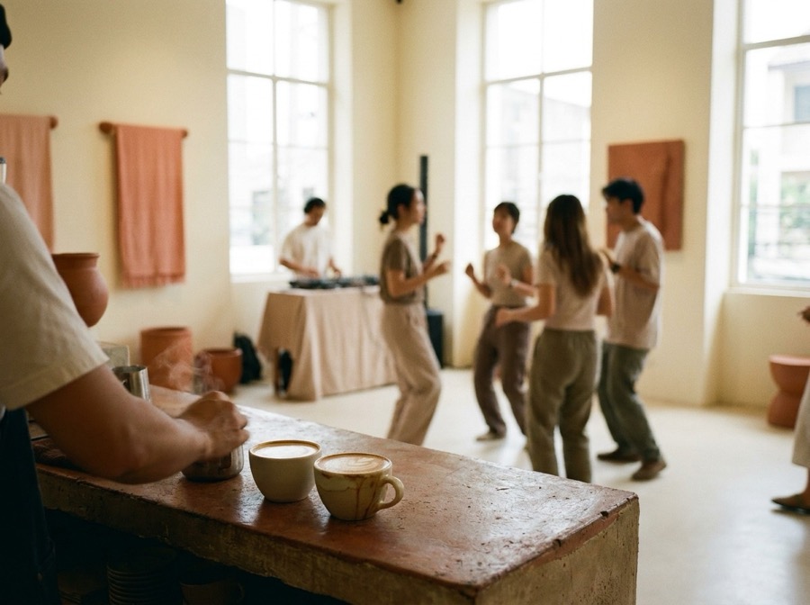 Coffee rave in Bangkok — people dancing in a bright room with fresh lattes on the bar