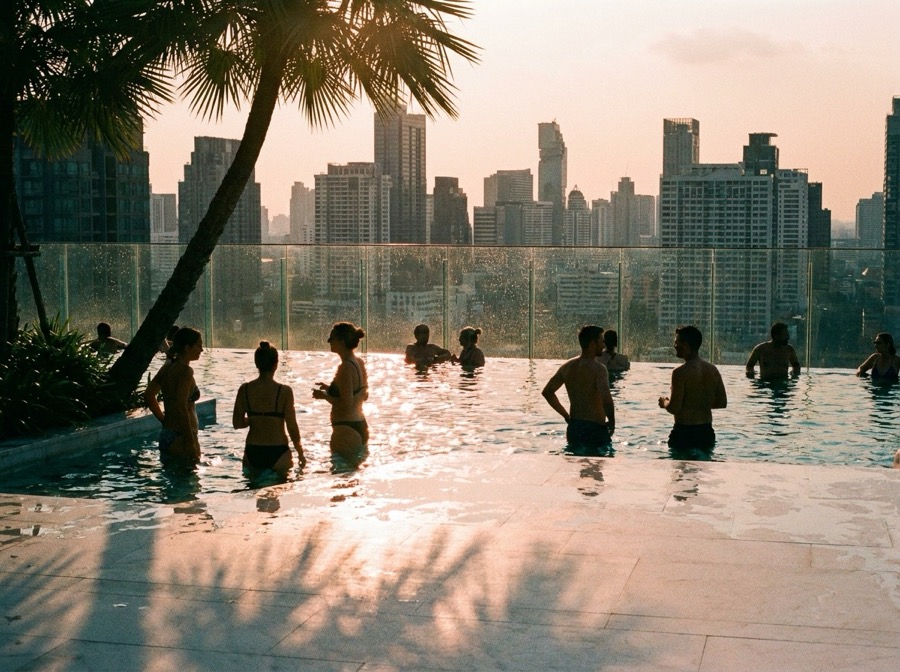 Rooftop pool party in Bangkok — people dancing in the water with the skyline behind