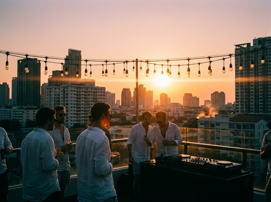 Bangkok rooftop party at sunset — DJ booth and string lights over the skyline